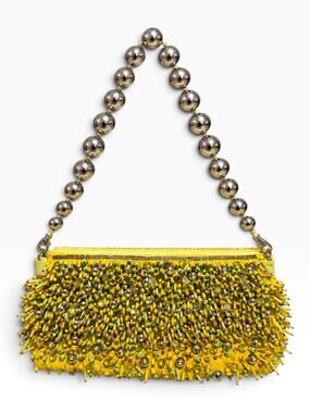 Dries Van Noten Yellow Beaded Embellished Clutch Bag Ball Strap